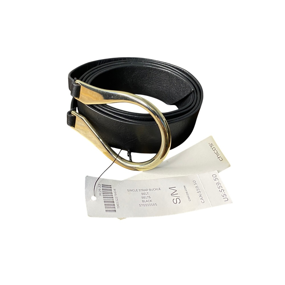 Chicos Black Leather Single Strap Buckle Belt Size S M P M Silver‎ Tone